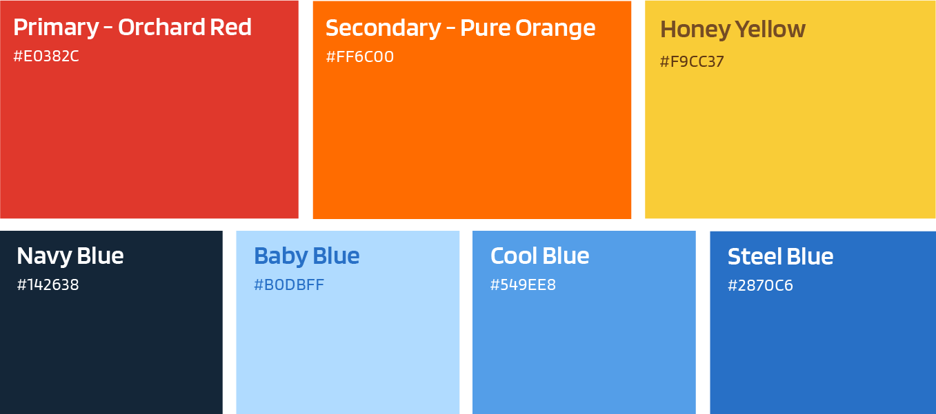 Color palette grid with six labeled swatches: red, orange, yellow, navy, light blue, and blue.