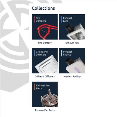 Collections menu with five product tiles: fire dampers, exhaust fans, grilles and diffusers, medical facility, and fan parts