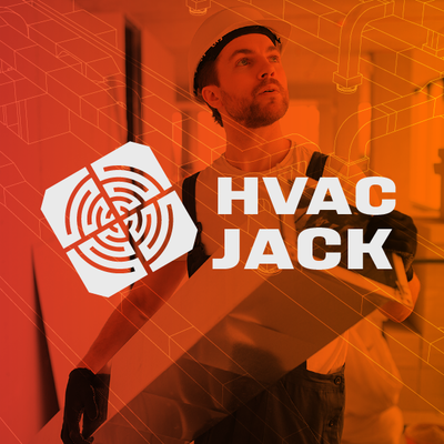 Orange-tinted graphic of an HVAC technician holding a duct, with bold “HVAC JACK” text and logo