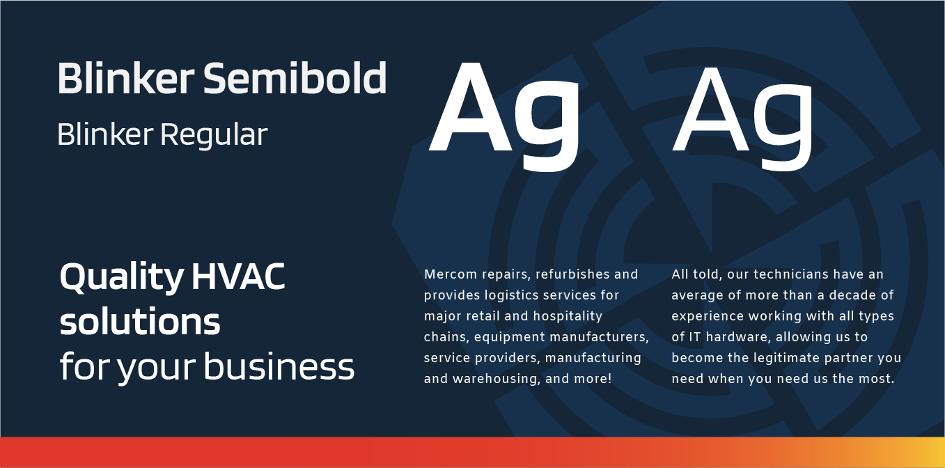 Dark blue font specimen showing “Blinker Semibold,” “Blinker Regular,” and “Quality HVAC solutions for your business.”