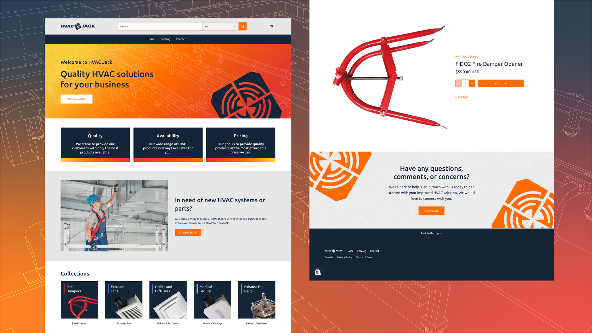 Webpage mockup showing two orange-and-white website layouts with dark navigation bars and product tiles