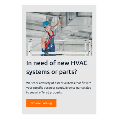 HVAC worker in blue overalls inspecting ceiling ductwork beside text promoting HVAC systems and parts