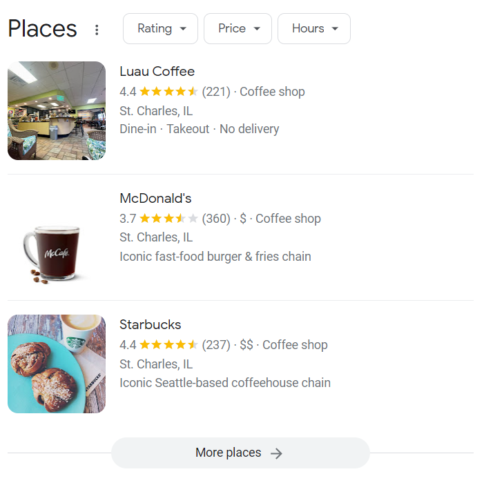Google Places results list for coffee shops, showing Luau Coffee, McDonald’s, and Starbucks with ratings and hours.