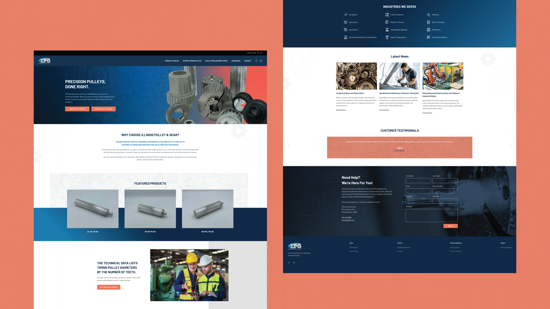 Collage of a modern website homepage and interior pages with navy and coral accents