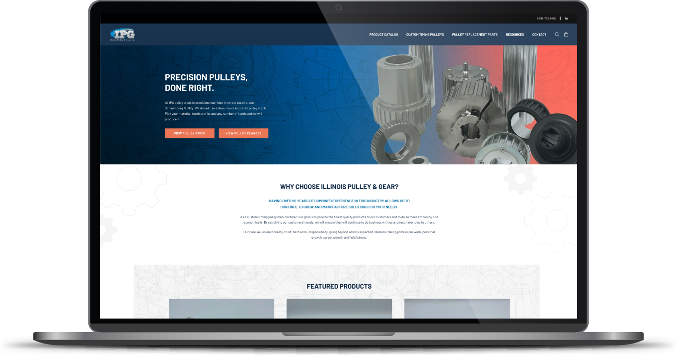 Laptop displaying a website with an industrial machine hero banner and orange call-to-action buttons