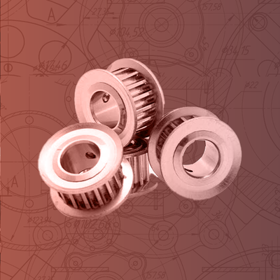 Pink-toned illustration of four metallic ball bearings with gears on a technical blueprint background