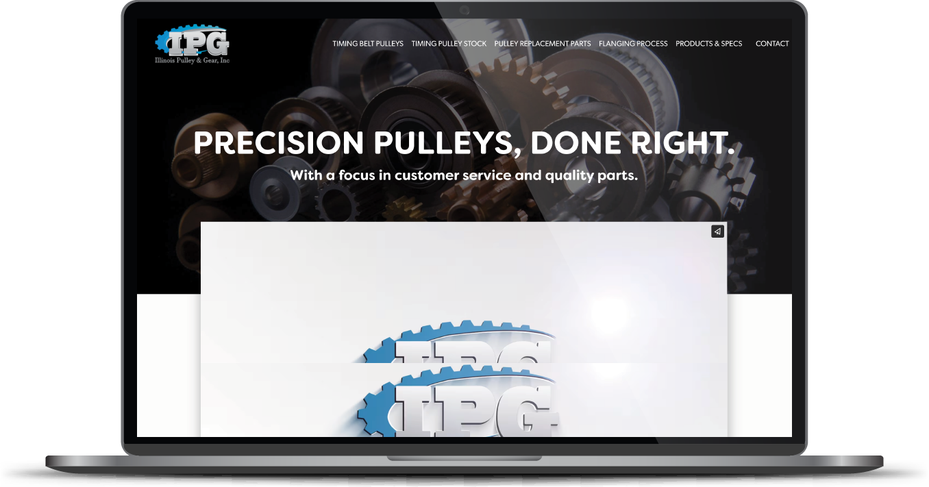 Laptop displaying a website banner reading “Precision Pulleys, Done Right” with a pulley graphic on screen