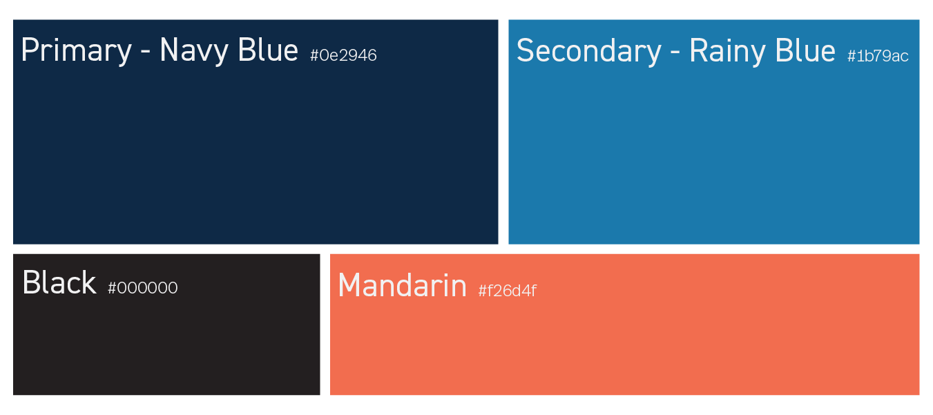 Color palette with navy blue, rainy blue, black, and mandarin swatches.