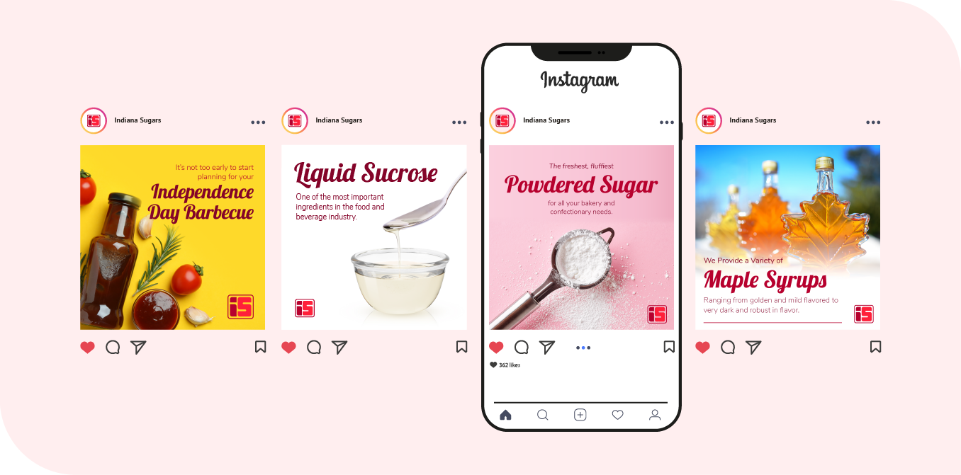 Instagram recipe post mockups on a pink background, with a phone showing a strawberry dessert card in the center.