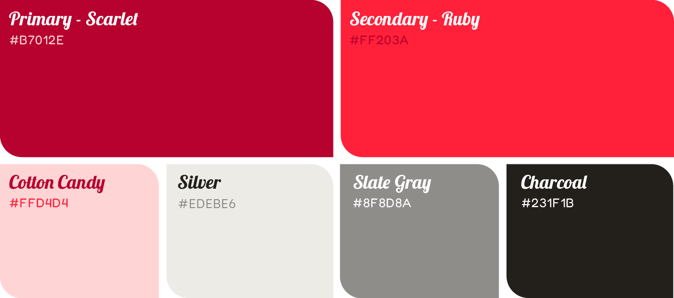 Color palette of five paint swatches: crimson, pink, ivory, gray, and black with labels.