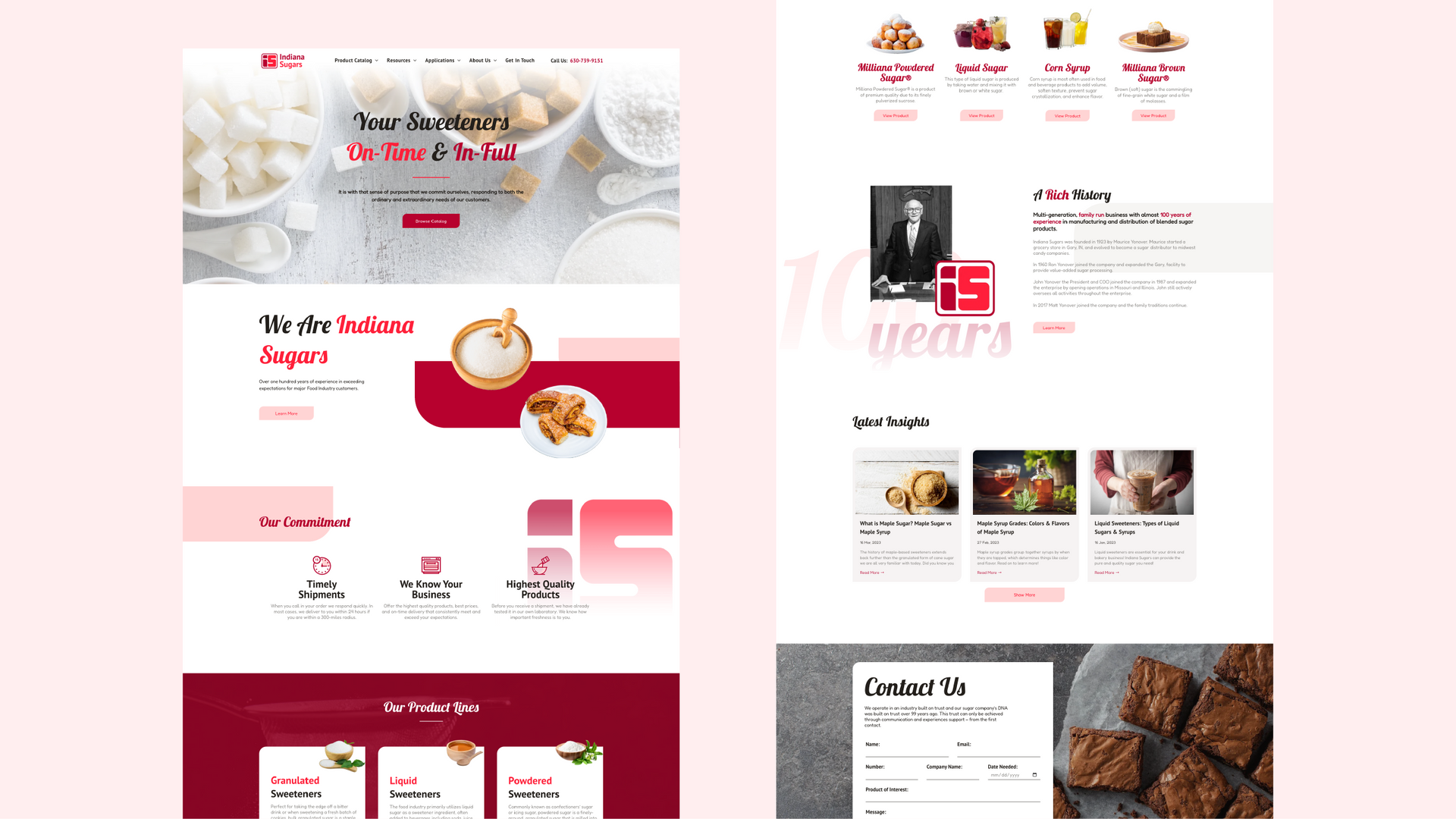 Dessert website page mockup in pink and white with cakes, cupcakes, and dessert menu sections