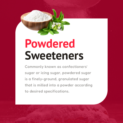 Powdered sweeteners on a white card with a bowl of sugar, green leaves, and red background