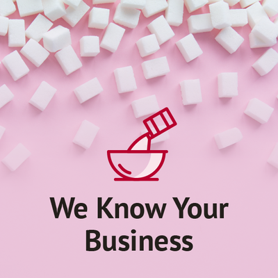 Pink promotional graphic with a red bowl icon and the text “We Know Your Business” among white cubes