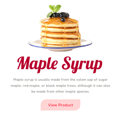 Stack of pancakes with blueberries and syrup above “Maple Syrup” product text and a “View Product” button