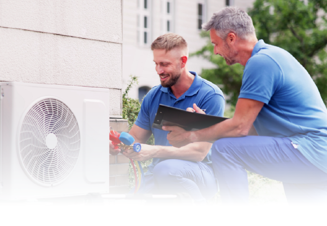 Two technicians in blue uniforms inspect an outdoor air conditioner unit with a clipboard.
