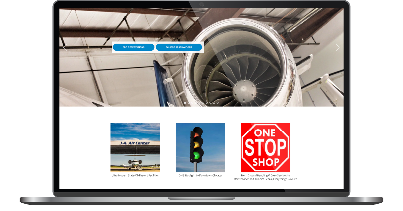 Laptop displaying a travel website with beach, traffic light, and “ONE STOP SHOP” tiles