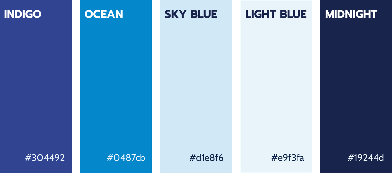 Five blue color swatches labeled Indigo, Ocean, Sky Blue, Light Blue, and Midnight with hex codes.