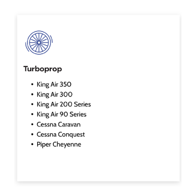 Turboprop aircraft list with a blue propeller icon and models: King Air, Cessna Caravan, Conquest, Piper Cheyenne