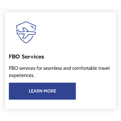FBO Services card with blue logo, brief description, and blue Learn More button