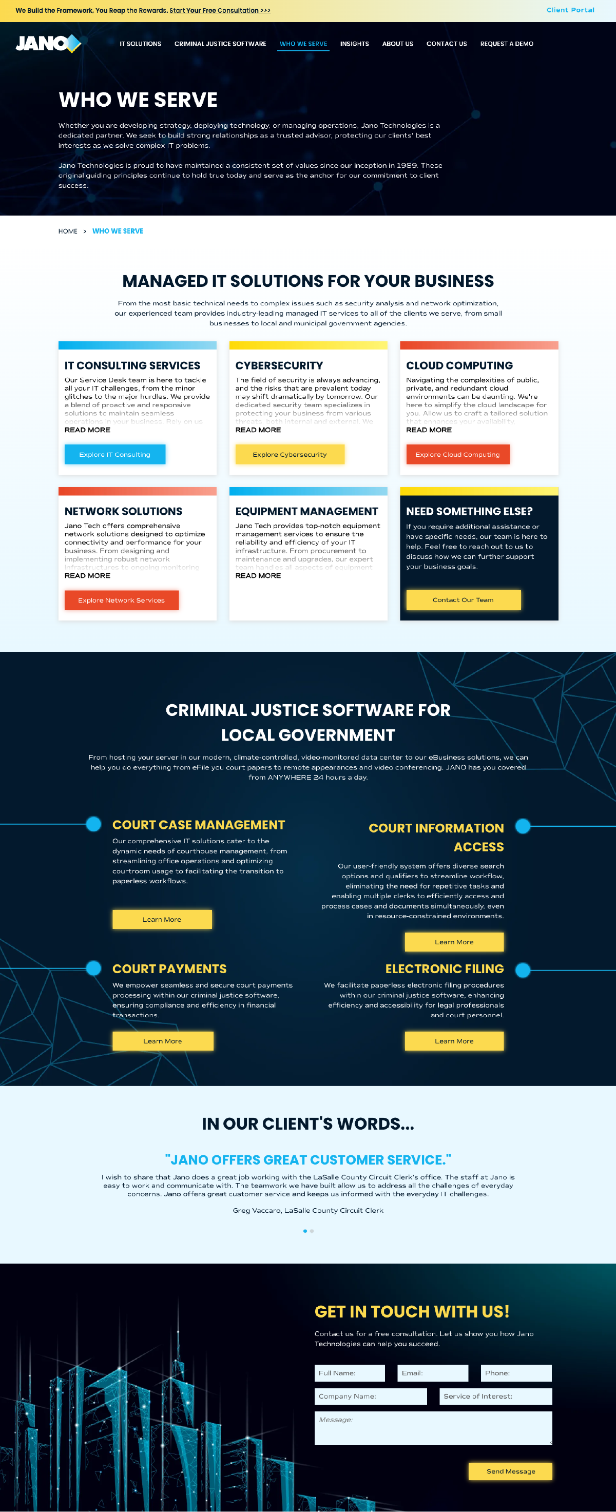 Dark website landing page with colorful feature cards, pricing sections, and a white contact form area