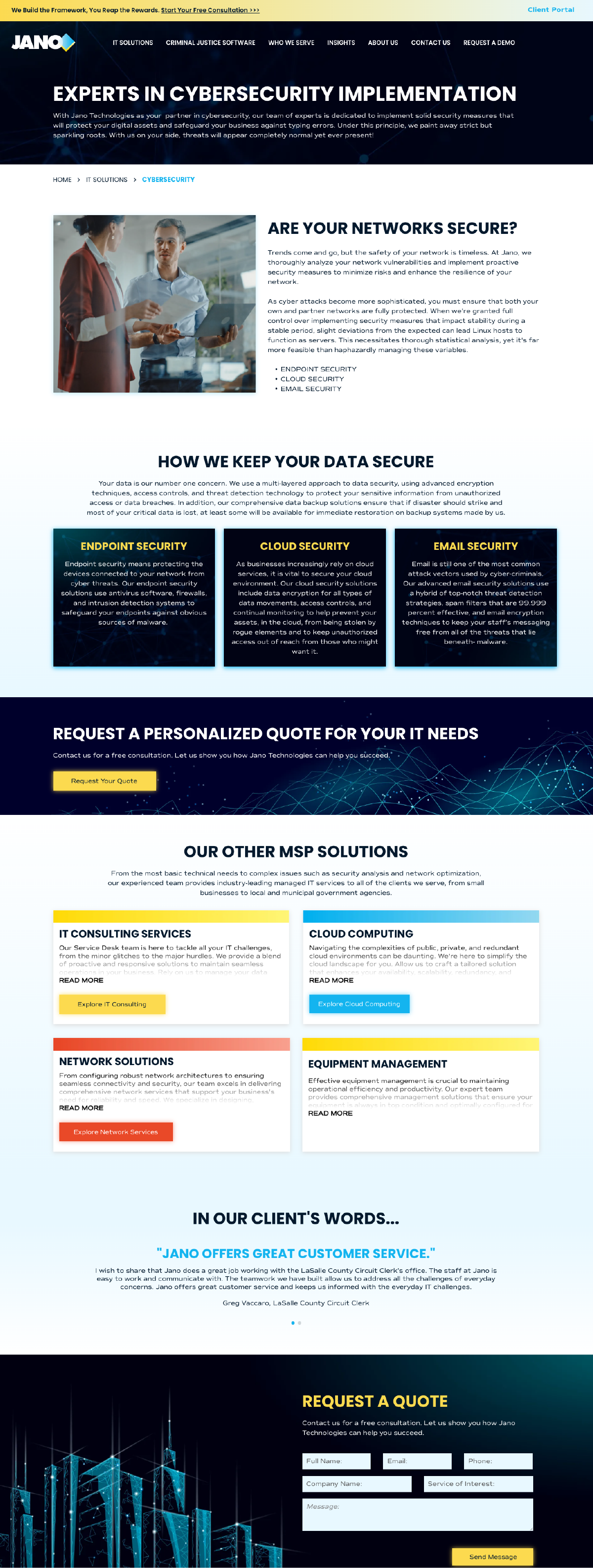 Dark-themed landing page with a hospital image, text blocks, feature cards, and colorful service sections