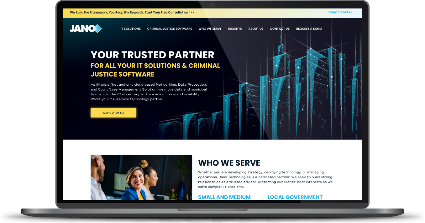 Laptop displaying a business website with dark blue skyline, yellow button, and “Who We Serve” section
