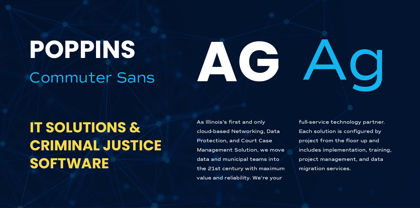 Graphic design flyer on dark blue background with “Poppins,” “AG Ag,” and “IT Solutions & Criminal Software” text.