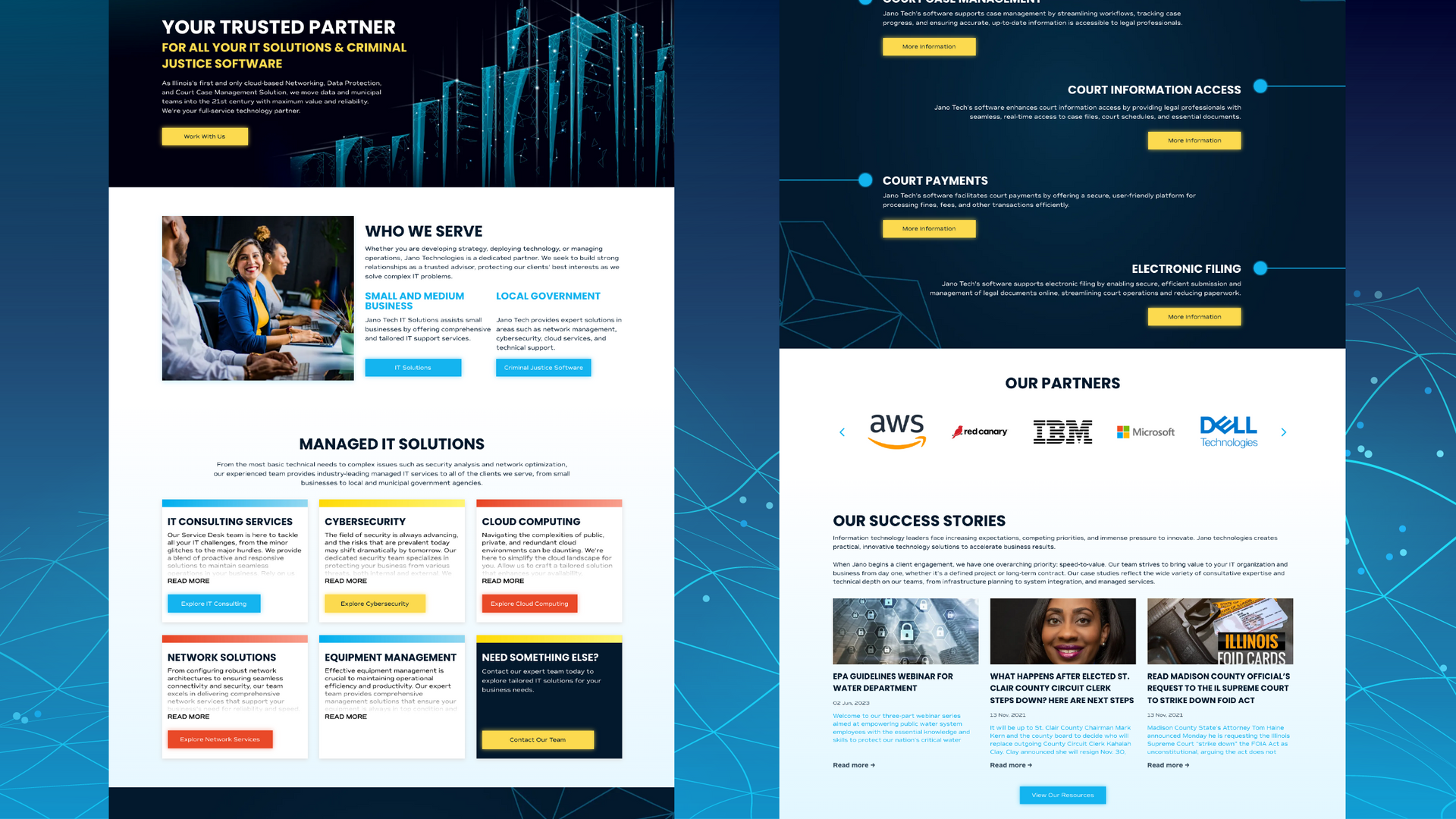 Blue corporate website mockups with charts, navigation sections, and a white content panel
