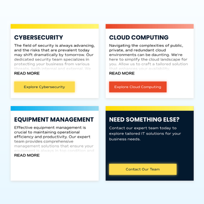 Four service cards for cybersecurity, cloud computing, equipment management, and contact us, in yellow, coral, and navy.