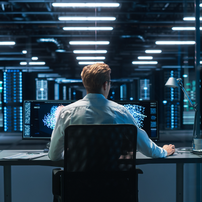 Person at a desk in a modern server room, facing glowing monitors under bright overhead lights.