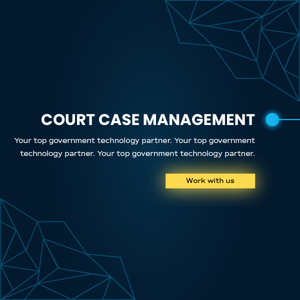 Court case management landing page with blue geometric lines and a yellow “Work with us” button