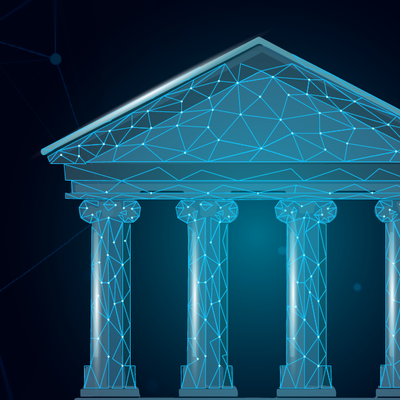 Blue digital illustration of a classical bank building with columns and a triangular pediment