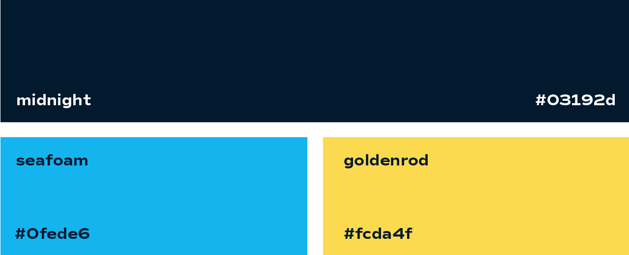 Color palette of midnight, seafoam, goldenrod, and corresponding hex codes in four blocks