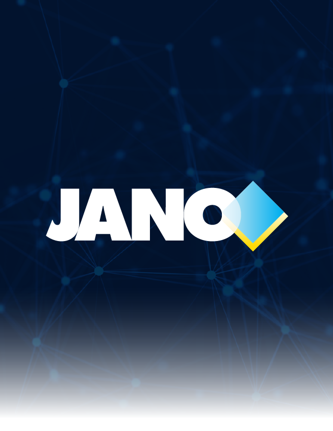 JANO logo in white and blue on a dark blue tech-style background