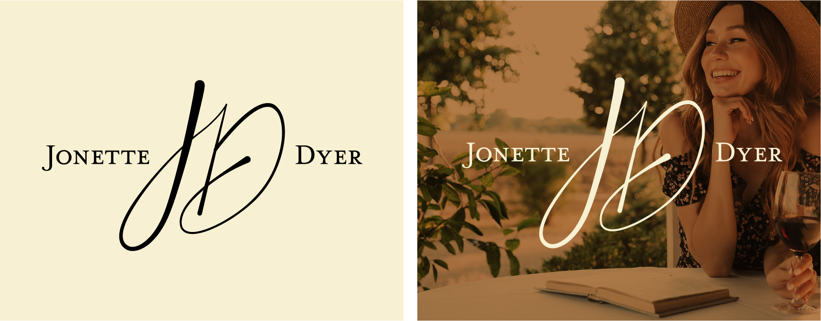 Logo reading “Jonette Dyer” with a script JD monogram; shown on cream and warm-toned photo backgrounds