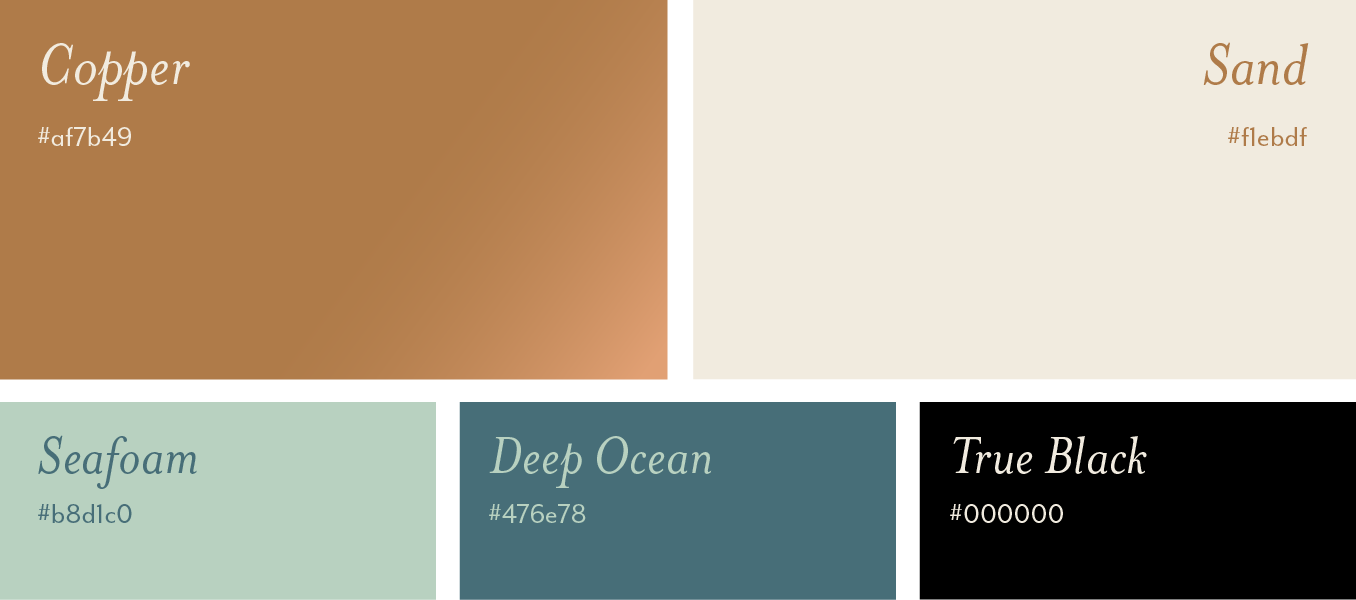 Color palette swatches labeled Copper, Sand, Seafoam, Deep Ocean, and True Black.