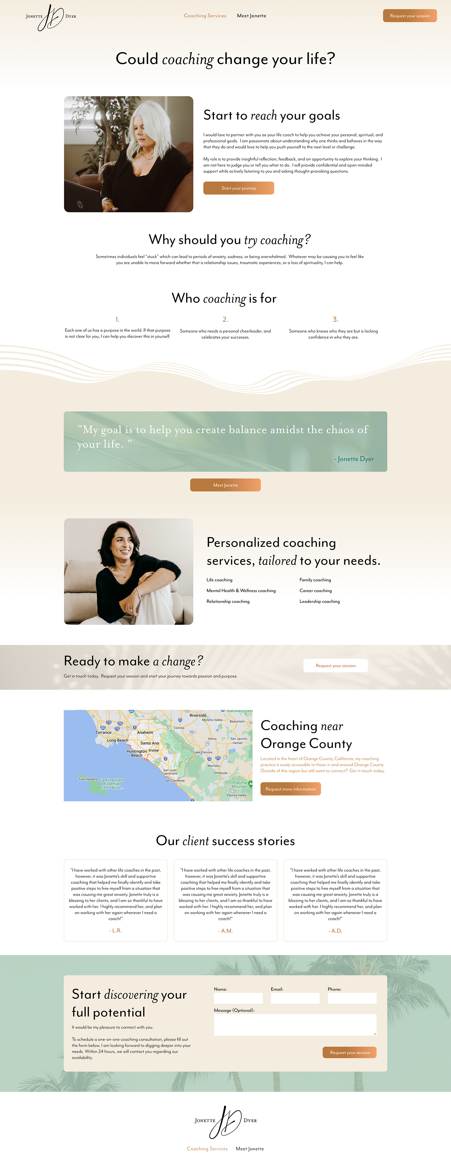 Mobile webpage mockup with sections, photos, map, and contact form on a light beige background