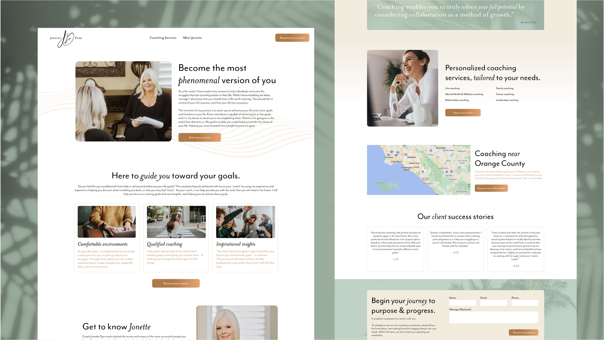 Two-column website mockup with soft green accents, photos, and text blocks on a clean white background