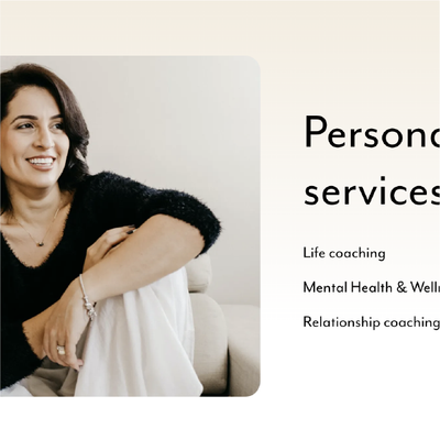 Promotional graphic for personal services, showing a smiling woman seated beside coaching service text.