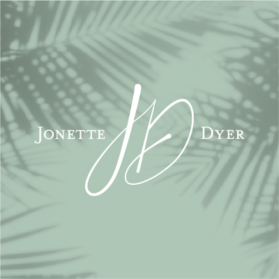 Logo reading “Jonette Dyer” with a white monogram on a muted green palm-leaf background