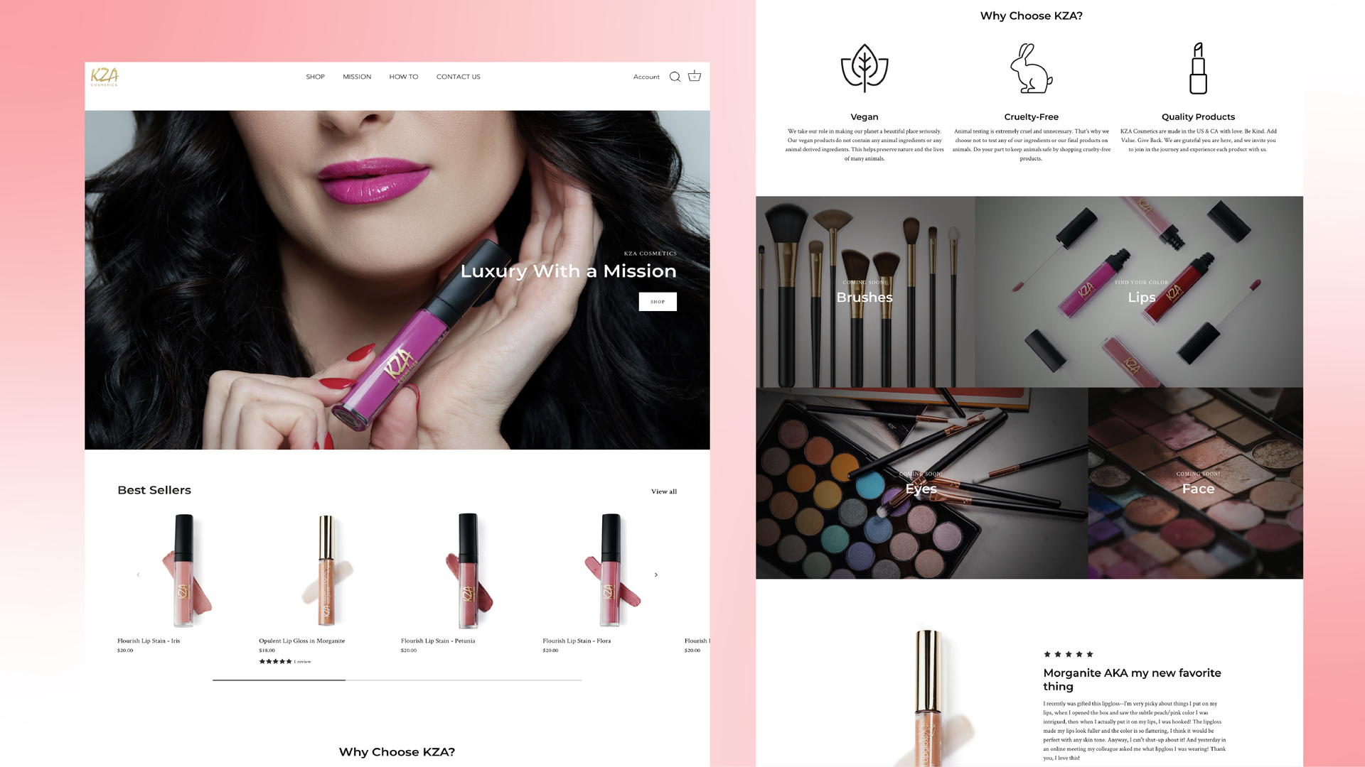 Cosmetics website mockup with lipstick product photos, pink accents, and makeup palette layouts