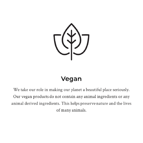 Vegan logo with leaf symbol and text about products made without animal ingredients or derivatives