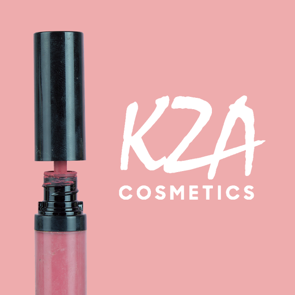 K2A Cosmetics logo beside a black and pink lip gloss tube on a pink background