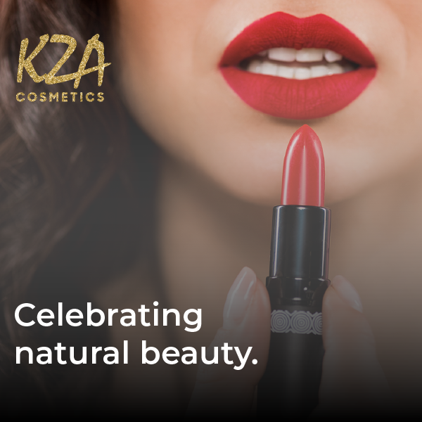 K2A Cosmetics ad with red lipstick and the slogan “Celebrating natural beauty.”