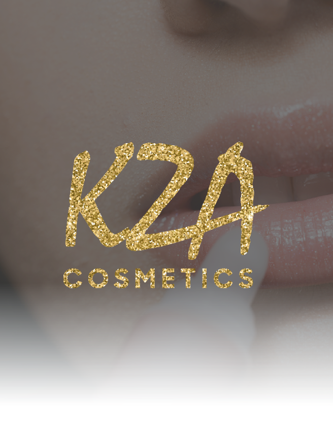 Gold “KZA Cosmetics” logo on a close-up of glossy lips and skin background