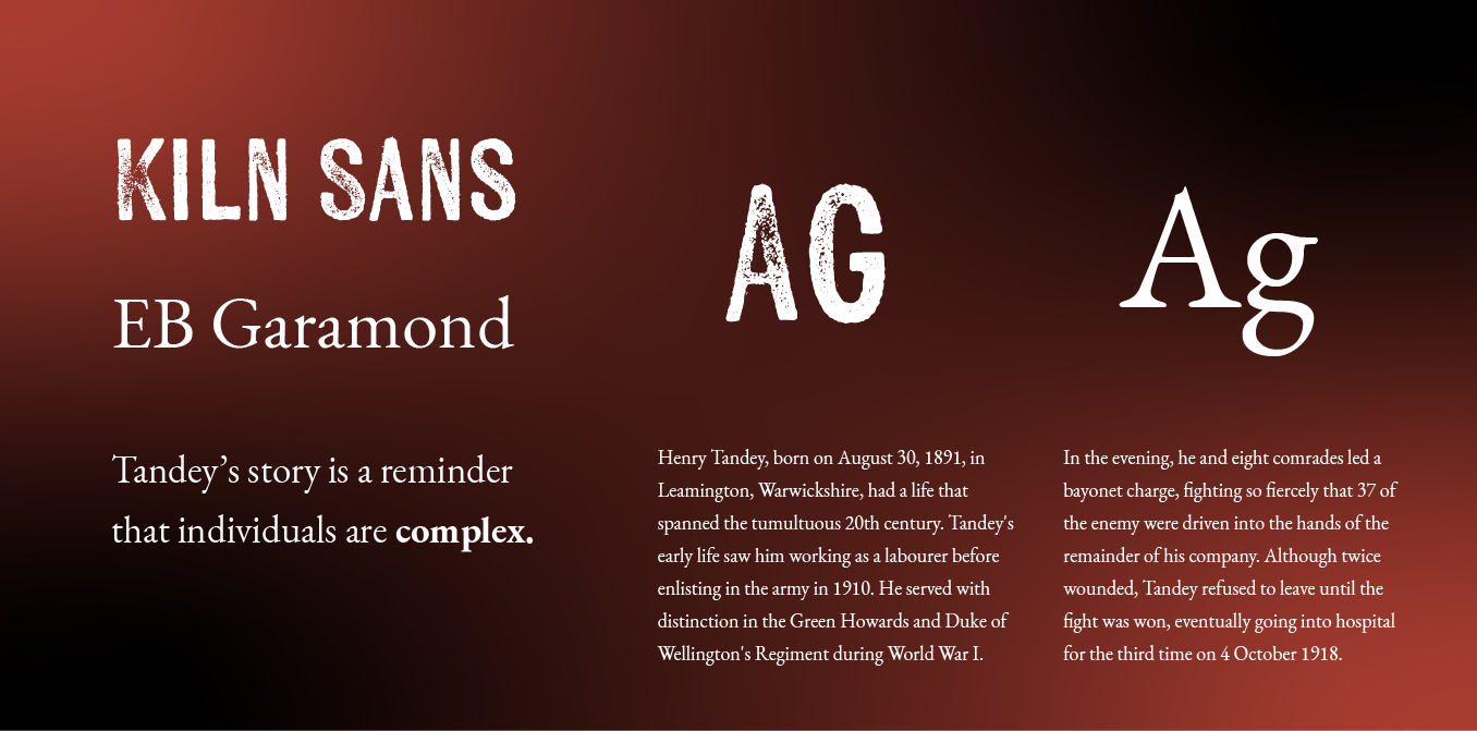 Maroon typography sample with “KILN SANS,” “AG,” and “Ag” text on a dark background.