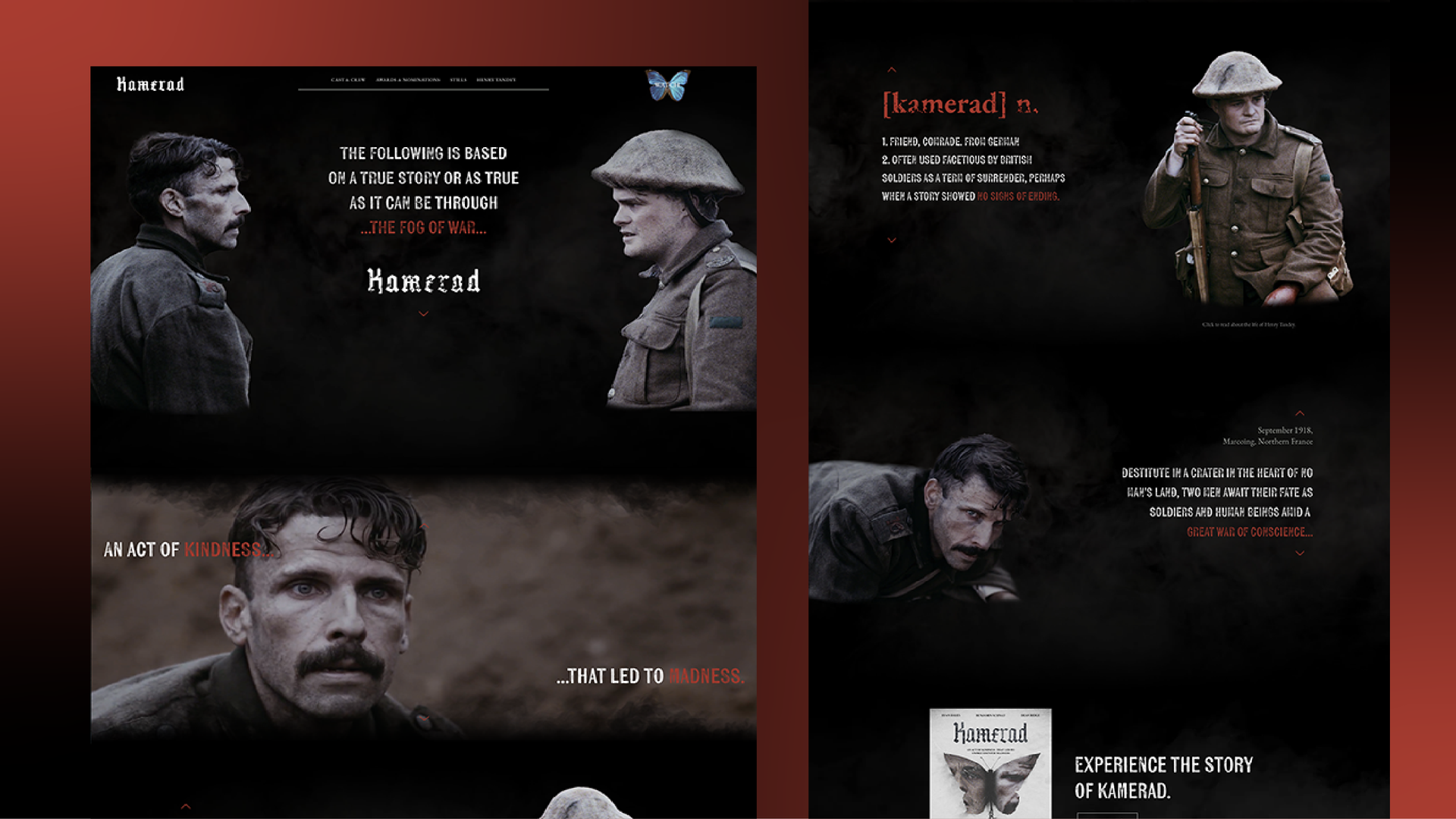 Collage of WWII soldier portraits and Russian text on dark red-and-black poster background