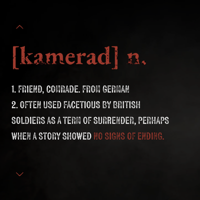 Vintage-style definition card for “kamerad,” with white and red text on a black background.