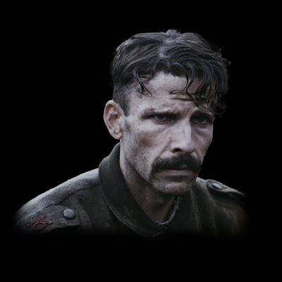 Portrait of a stern man with a mustache in dark clothing against a black background