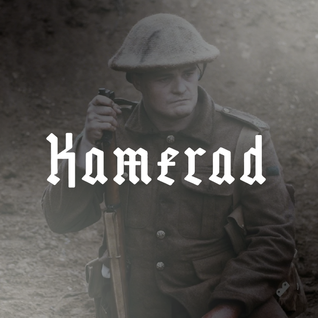 Sepia soldier in a helmet stands in fog holding a rifle, with the word “Homead” across the center.